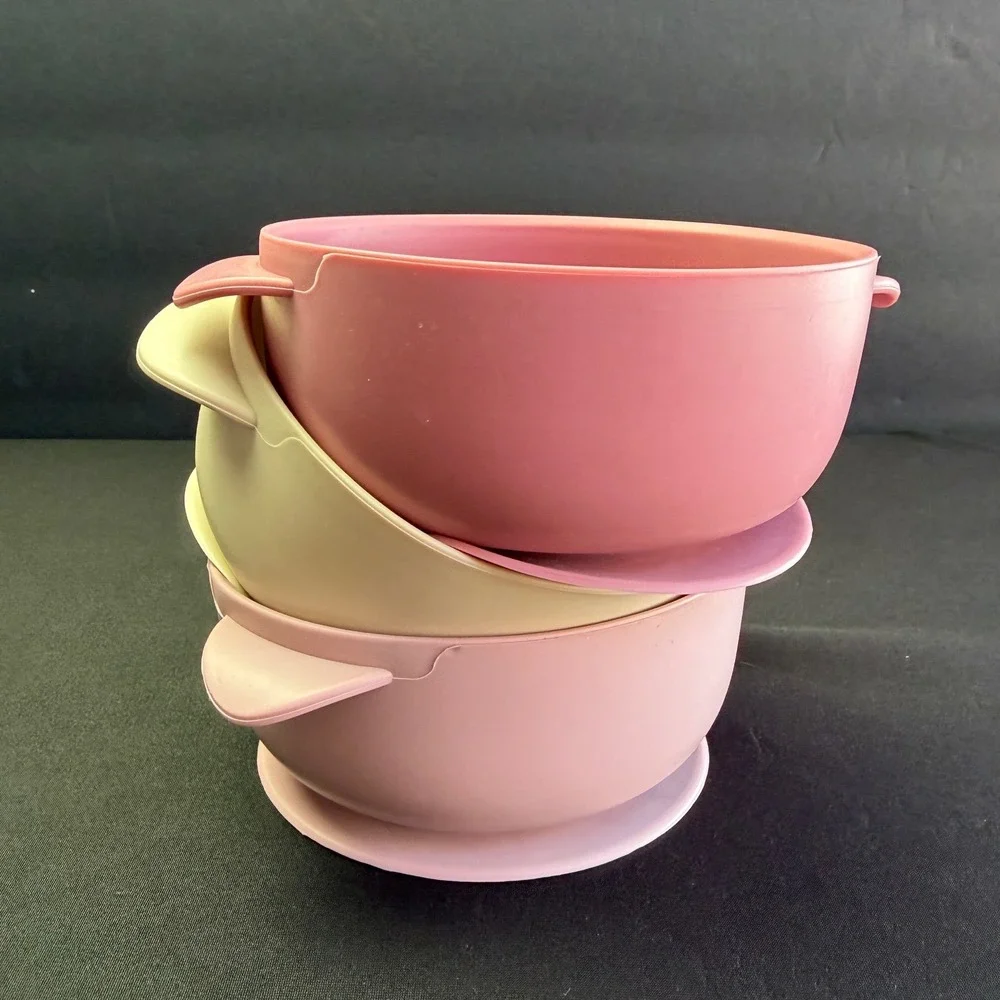 Silicone Suction Baby Bowls Set 3 Pink Cream BPA Free Toddler Feeding Dish 5 In